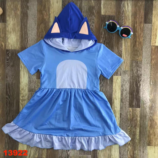 Blue Hooded Short Sleeve Bluey Girls' Summer Dress