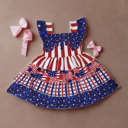 4th of July Red White and Blue Layered Ruffle Girls' Summer Dress