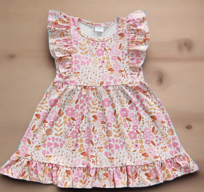 Colorful Pink Floral Ruffle Sleeve Girls' Summer Dress