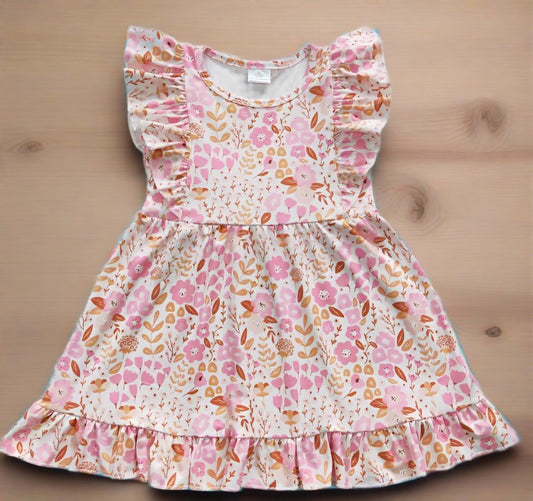 Colorful Pink Floral Ruffle Sleeve Girls' Summer Dress