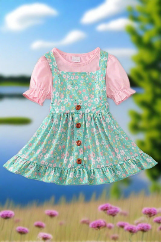 Green Floral Print Jumper Girls' Summer Dress Set
