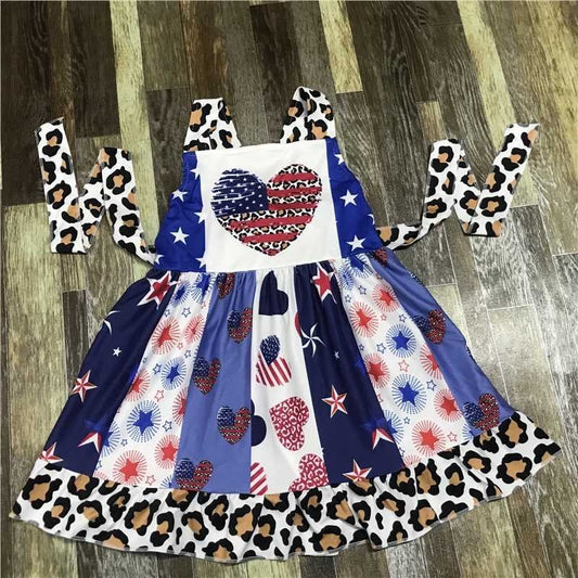 Patriotic Leopard Print Twirl Girls' Summer Dress