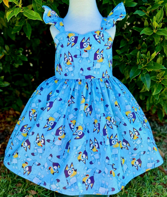 Girls blue ruffle Bluey dress