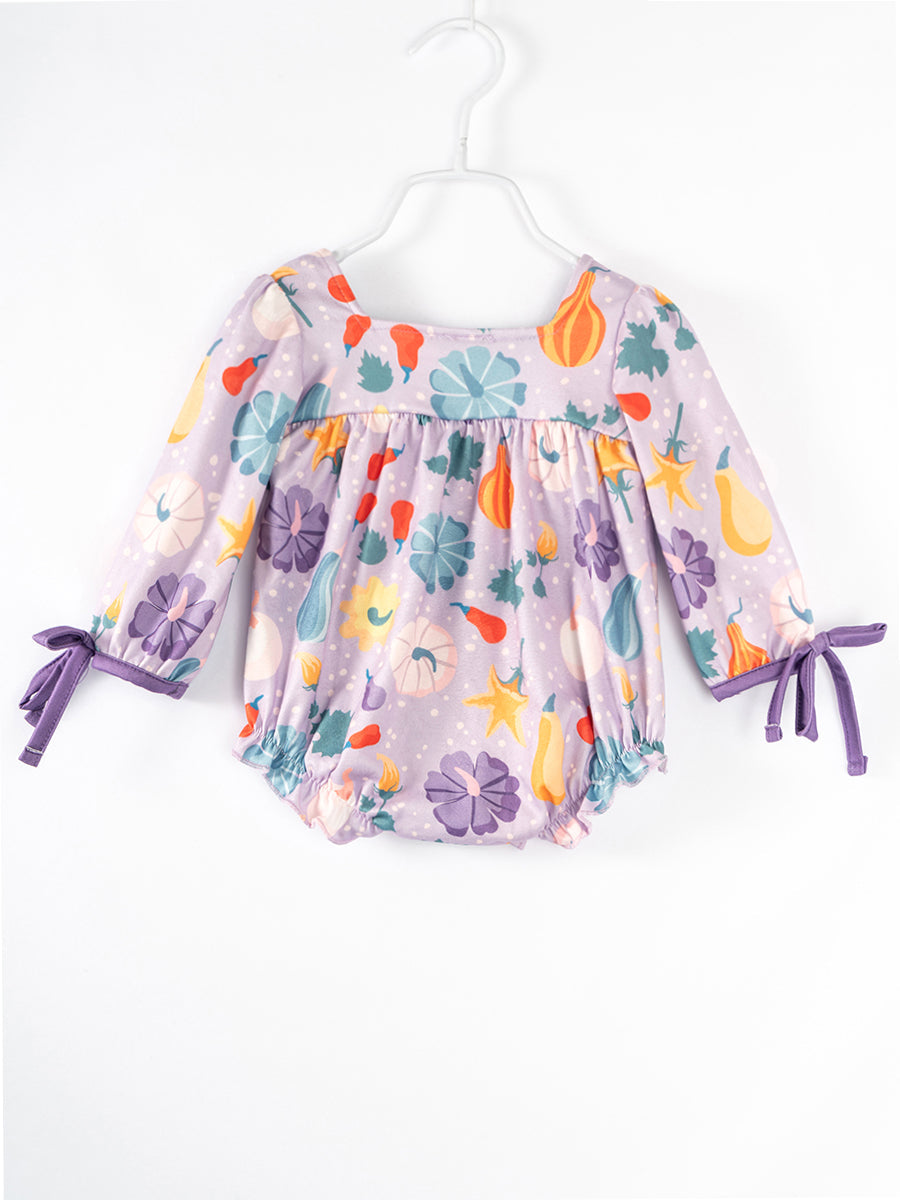 Purple Flower Print Baby Girl Bubble Romper