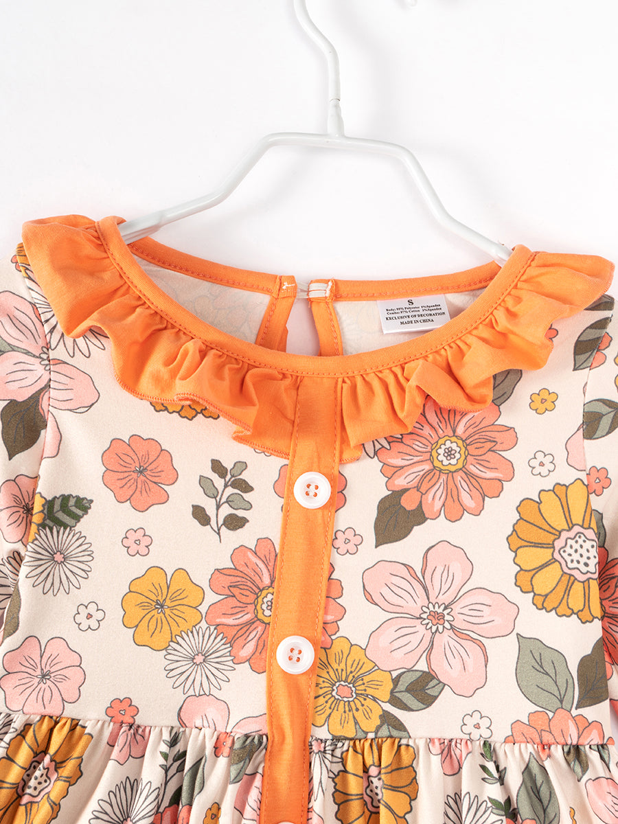 Orange Floral Print Pocket Ruffle Girl Dress