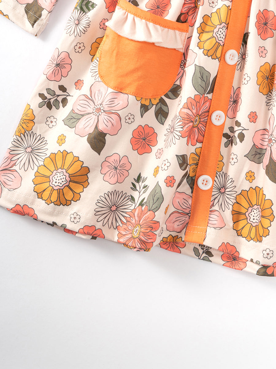 Orange Floral Print Pocket Ruffle Girl Dress