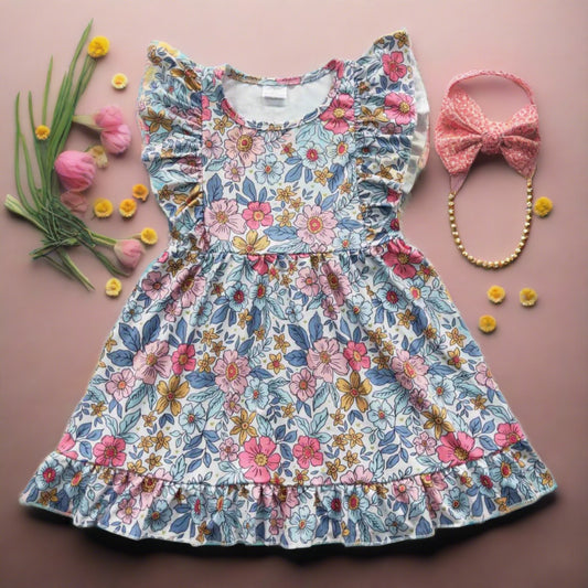 Colorful Floral Blue Ruffle Sleeve Girls' Summer Dress